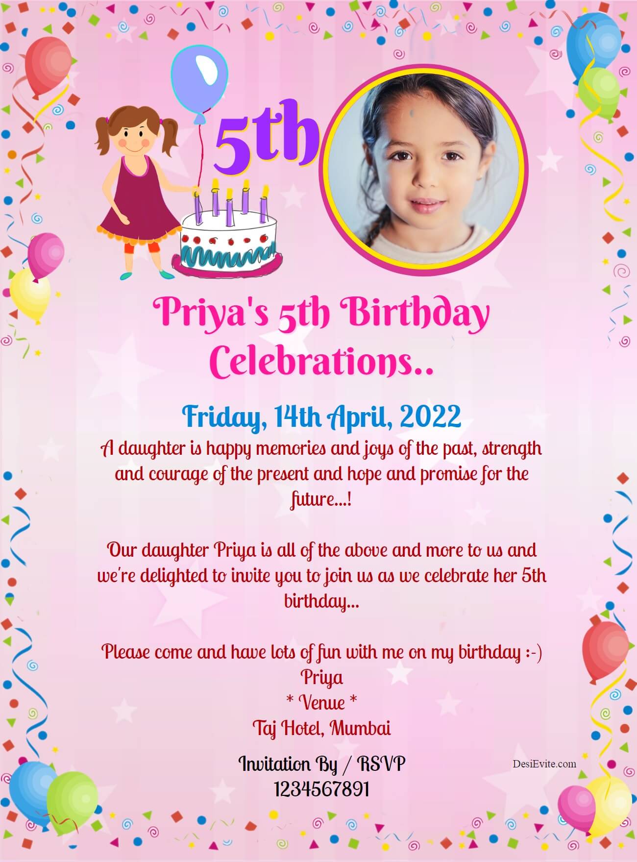 5th birthday invitation ecard 