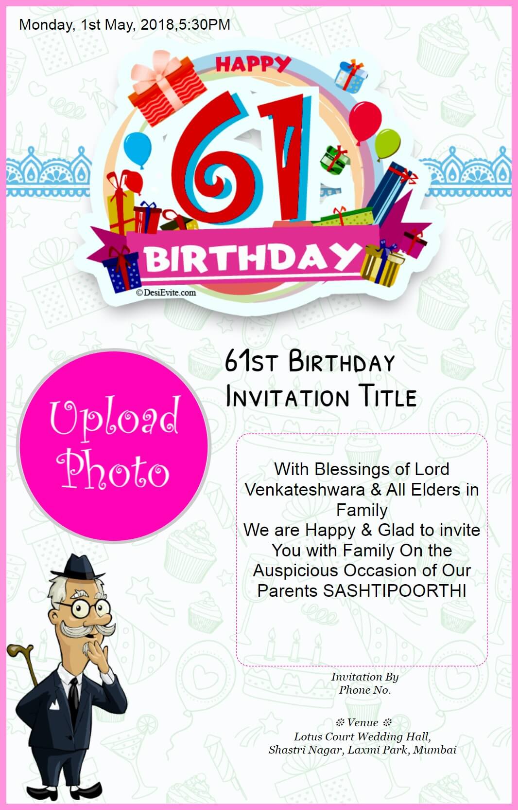 61st birthaday invitatin card 103 