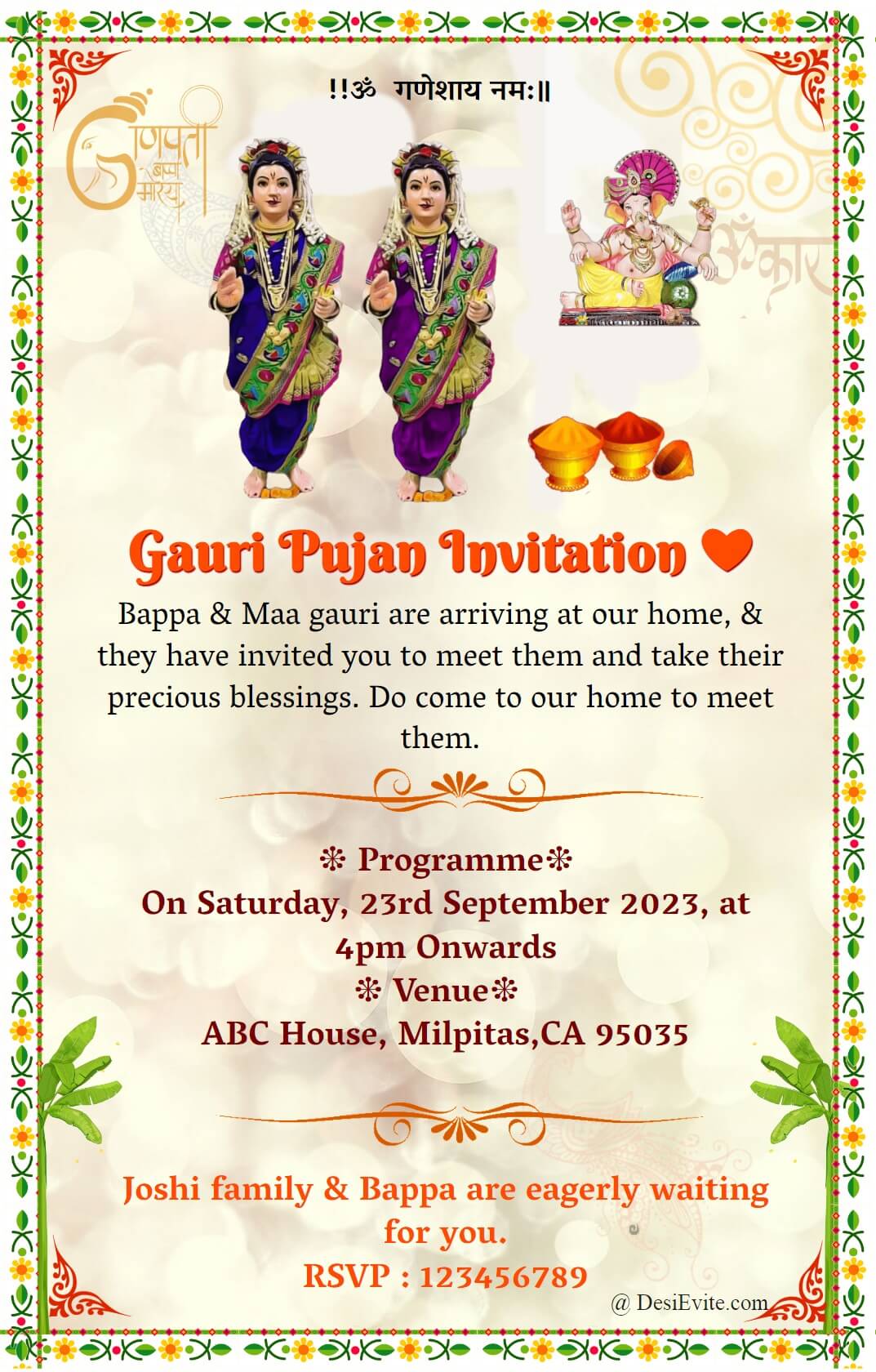 Gauri Pujan Invitation ecard flower border 52 