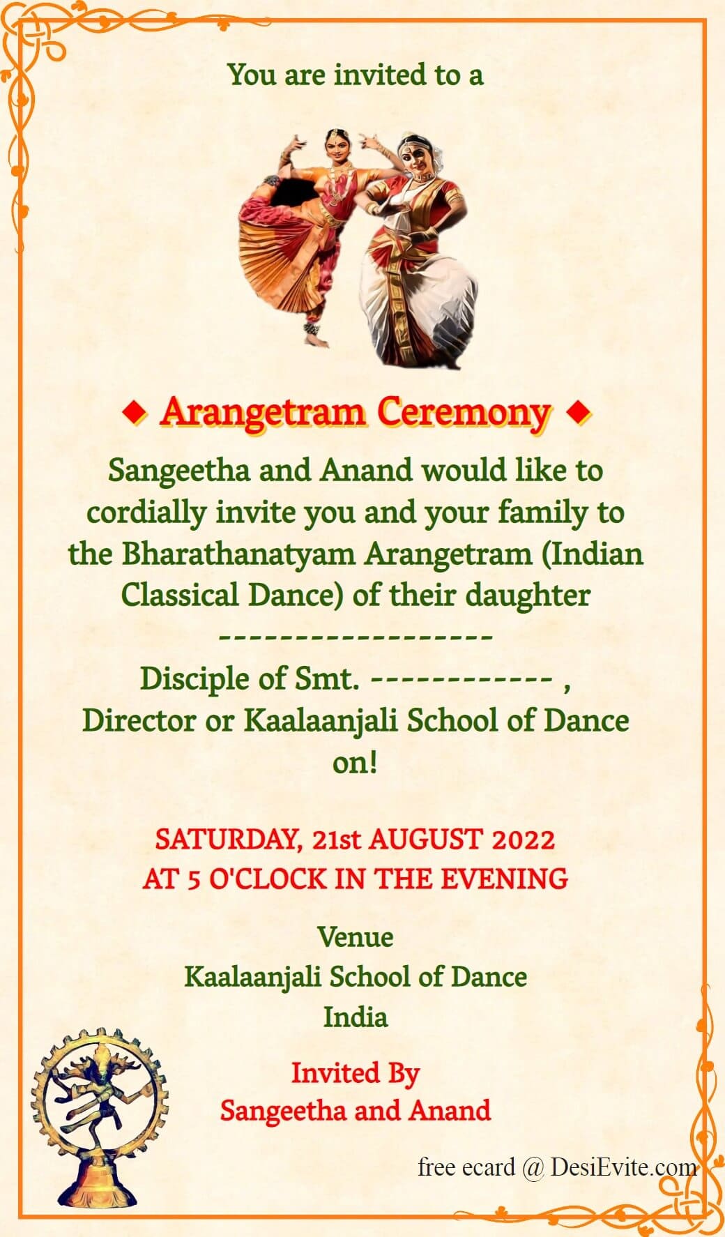 arangetram ceremony invitation card 87 