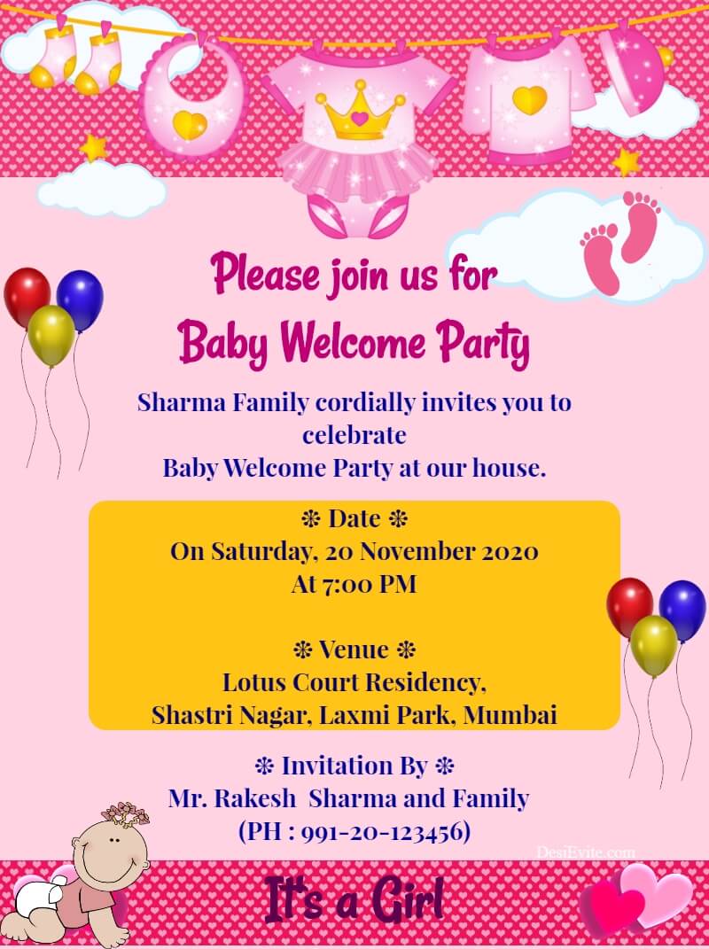 Baby girl welcome party card