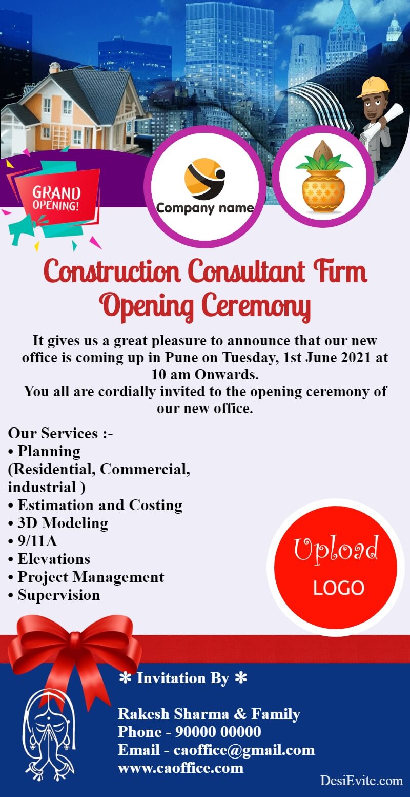 construction project management consultant firm opening card