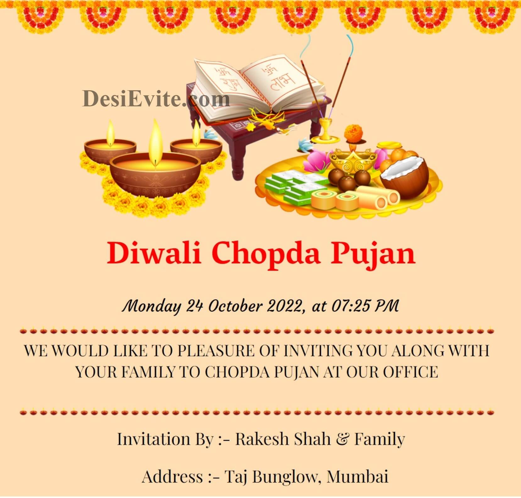 Diwali Chopda Pujan Invitation Card