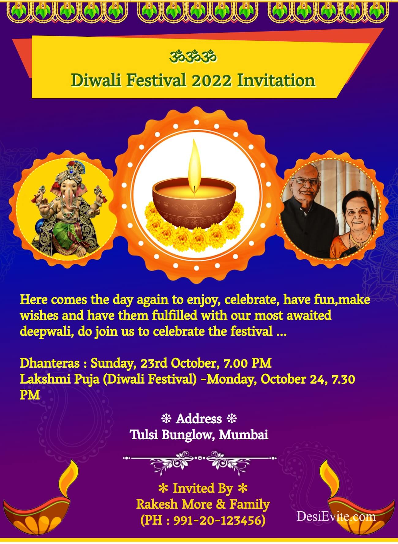 diwali festival invitation card three photo upload 70 