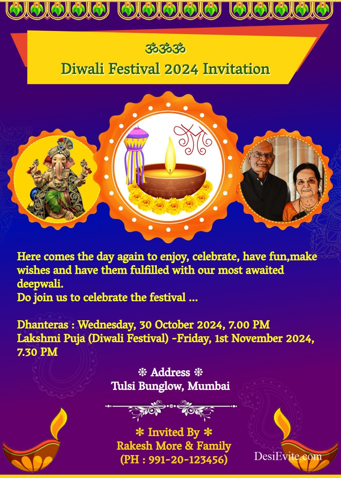 diwali festival invitation card three photo upload 70 