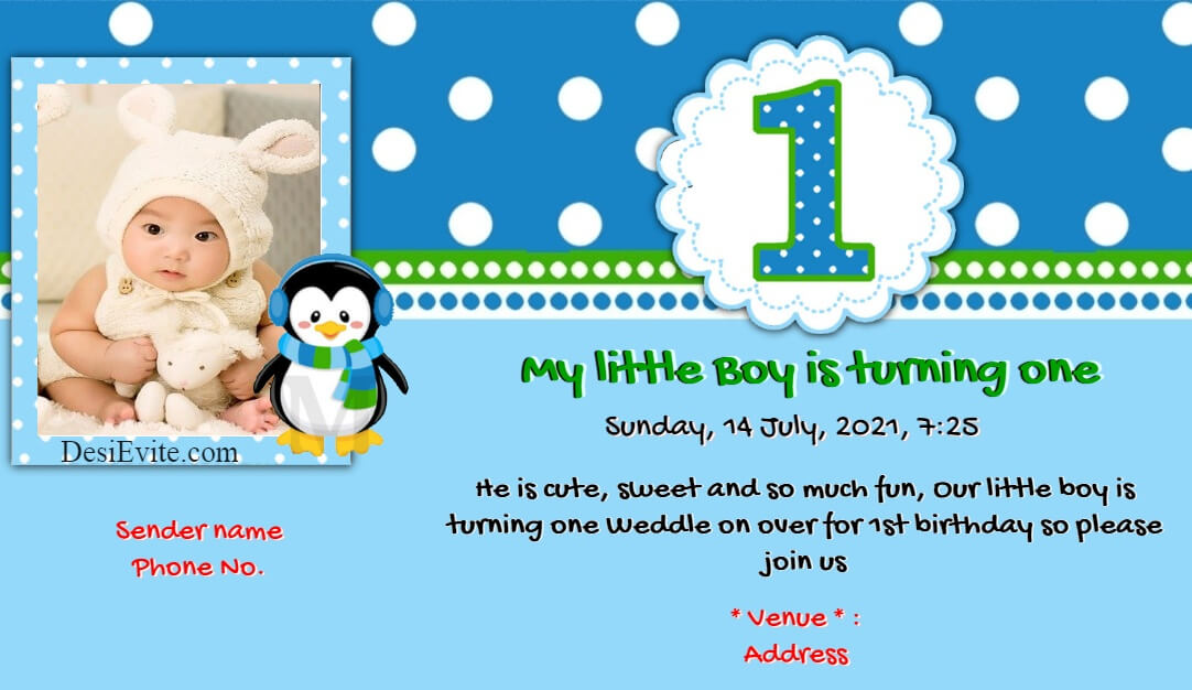 Baby boy first birthday invitation card with penguin