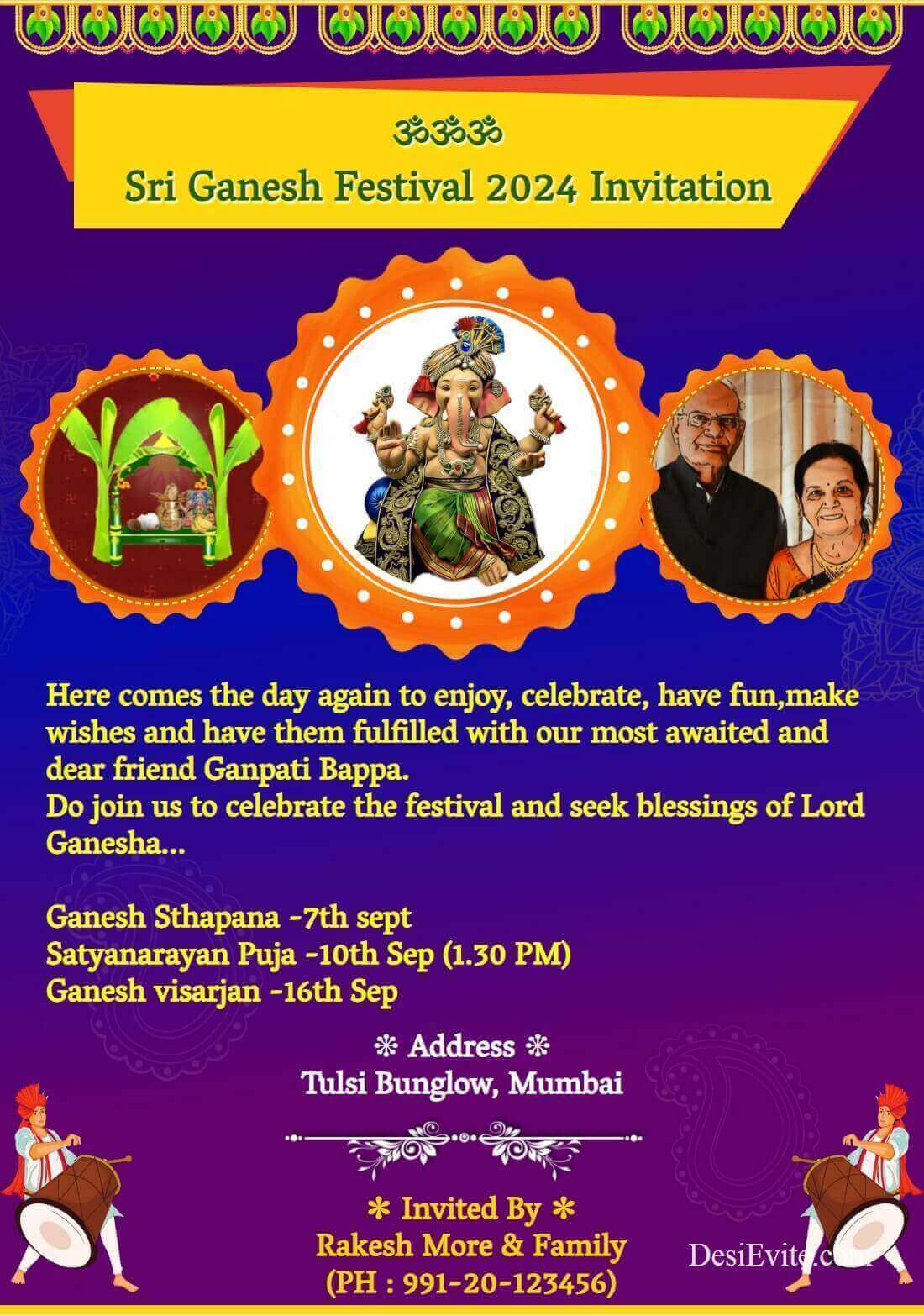 Ganesh festival invitation card three photo upload