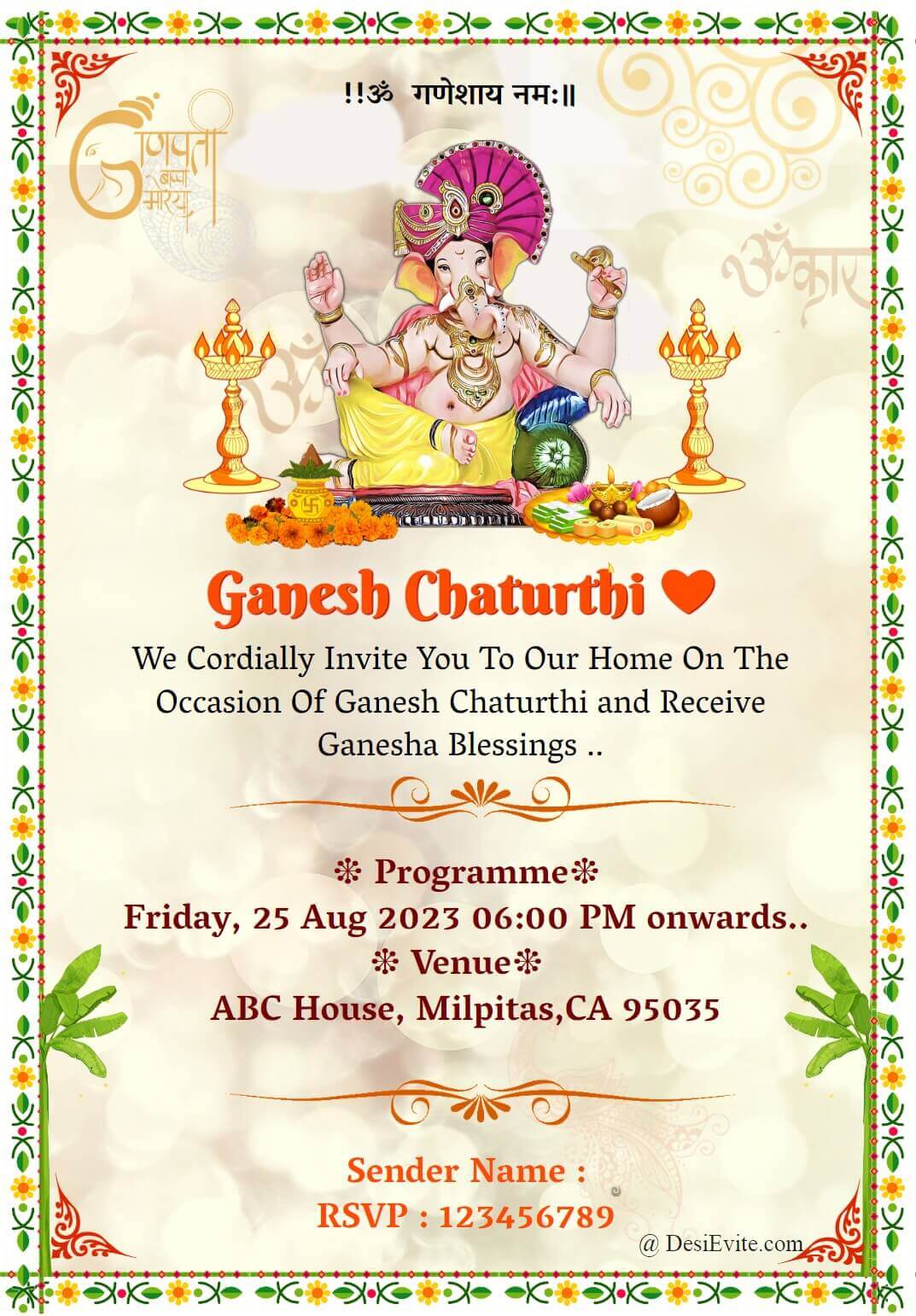 ganesha invitation card with greenflower border 174 