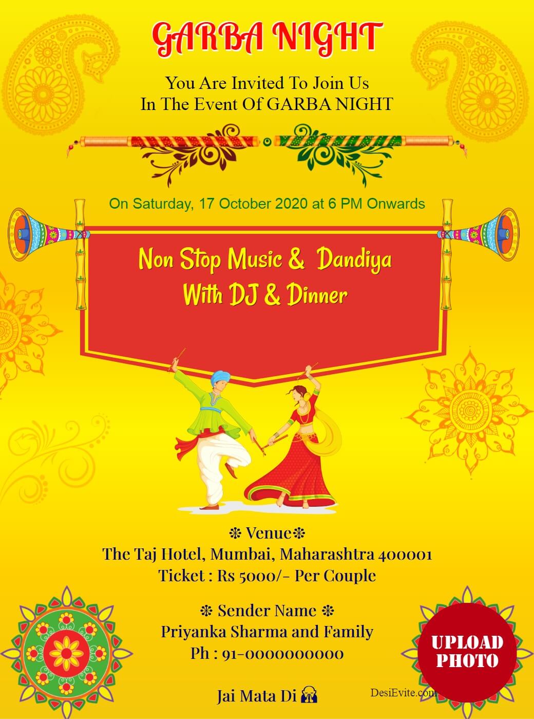 garba night traditional invitation card with photo template 103 