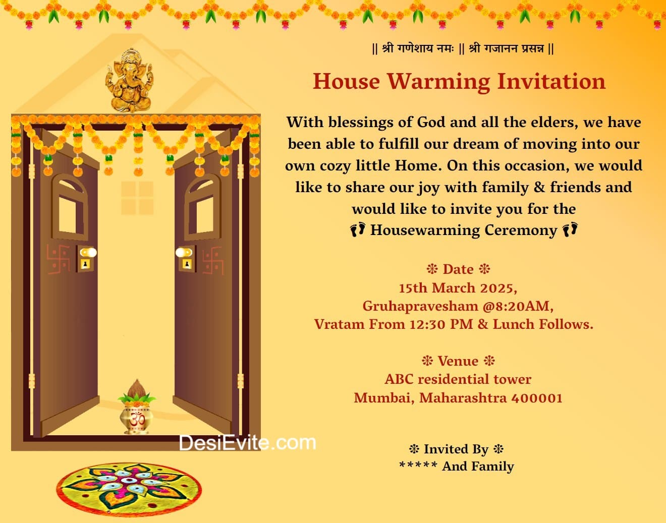 Hindu traditional griha pravesh invitation card with open door, toran, kalash, rangoli.