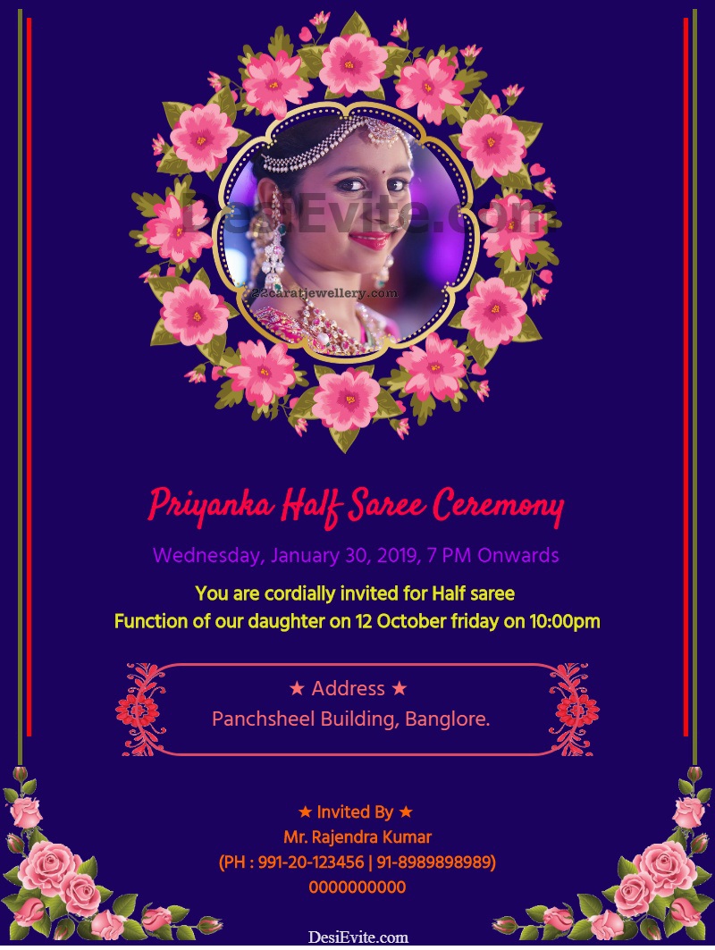half saree invitation card floral design