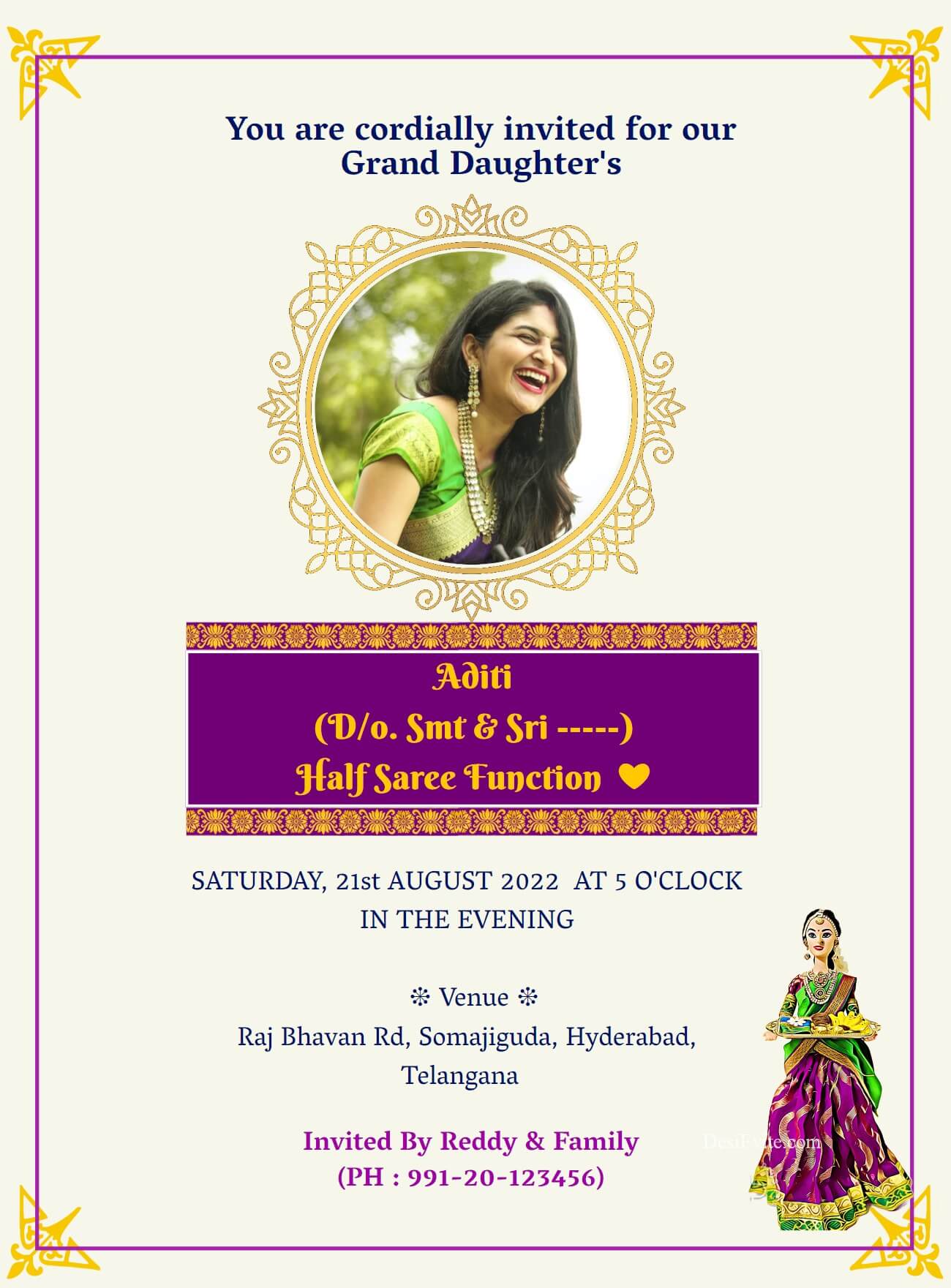 Peacock Theme Half Saree Ceremony Invitation Card | Invitations, Invitation  cards, Half saree