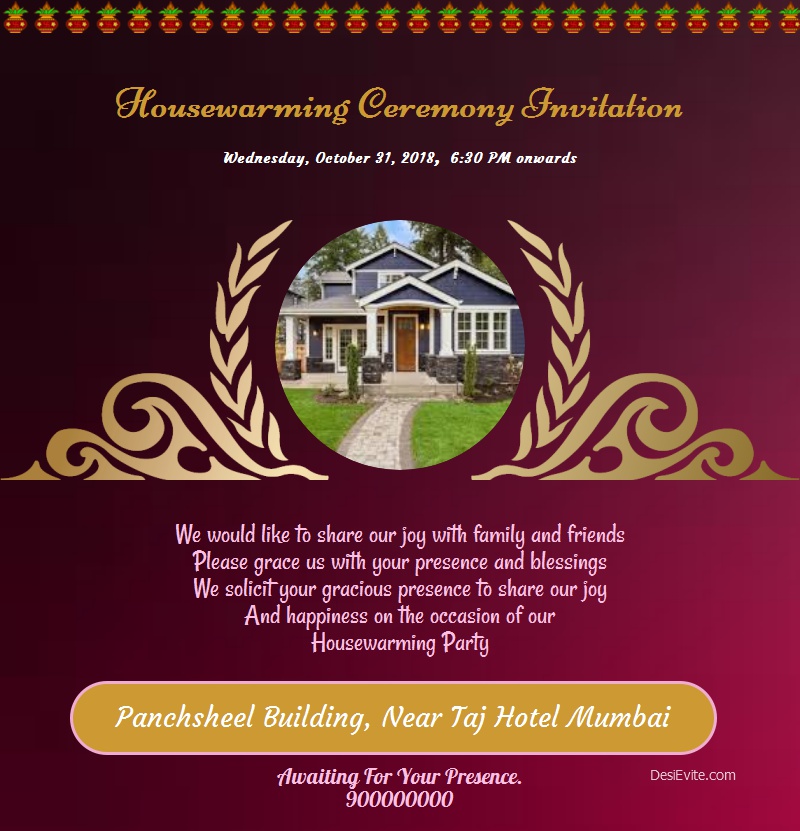 Housewarming Ceremony With Kalash Invitation Card