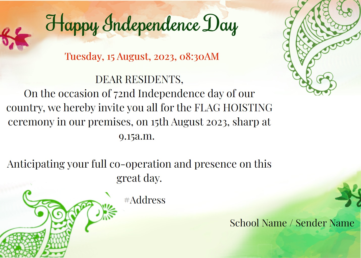 Independence Day Hindi Invitation Card