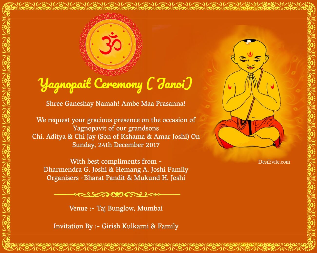 Thread ceremony / Yagnopait Ceremony Invitation