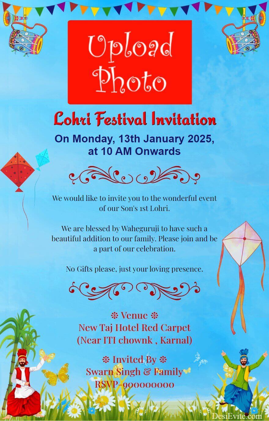 Lohri invitation card bhangra kite theme