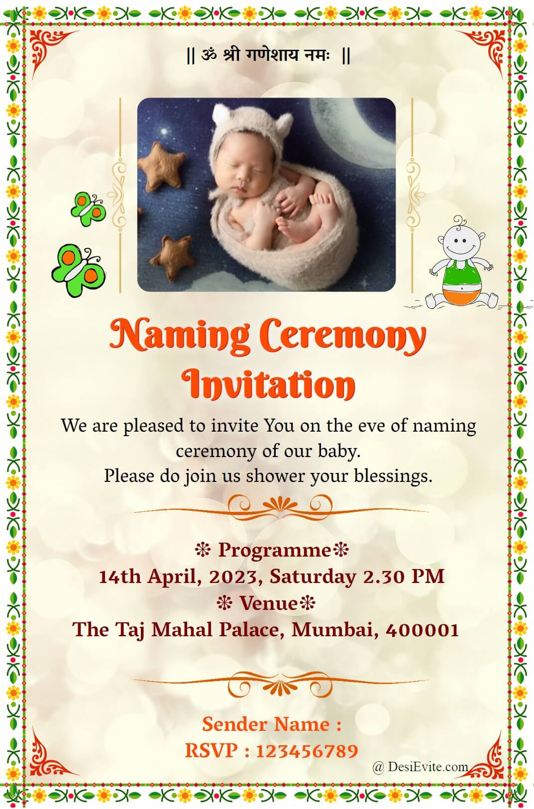 naming ceremony invitation card green flower border 142 