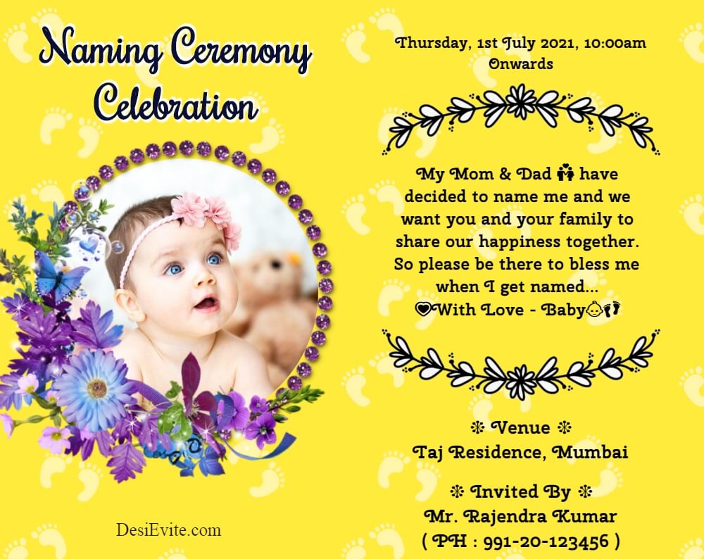 Namkaran Ceremony invitation card Yellow background