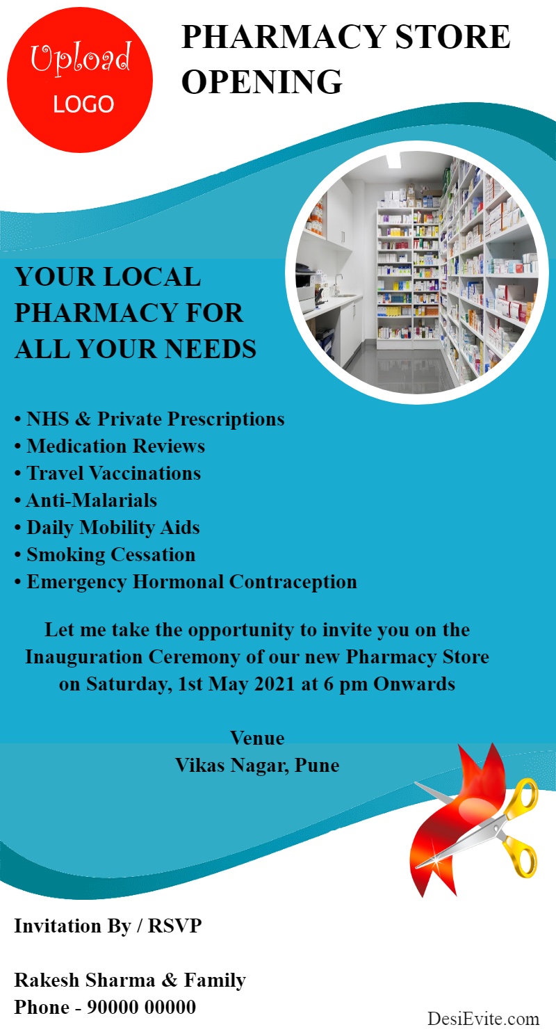 free pharmacy store inauguration card with photo upload