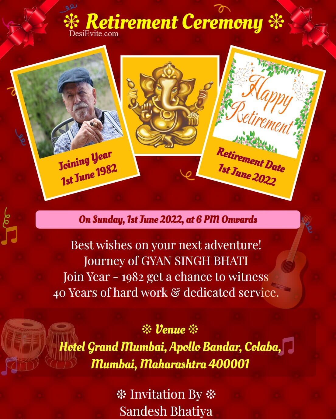 retirement invitation card sangeet theme