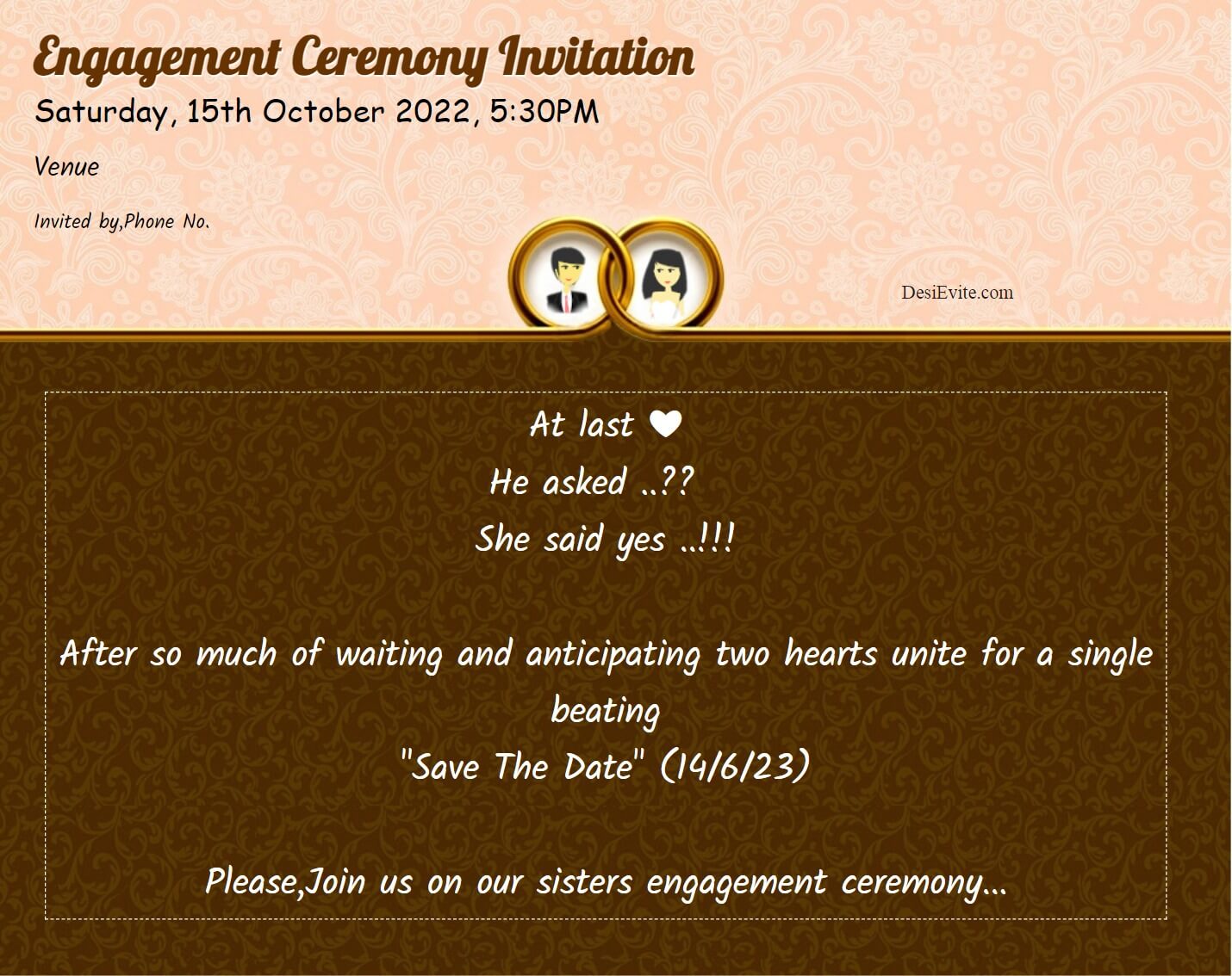 Engagement Invitation Card, Yellow Brush Stroke, Flower Theme
