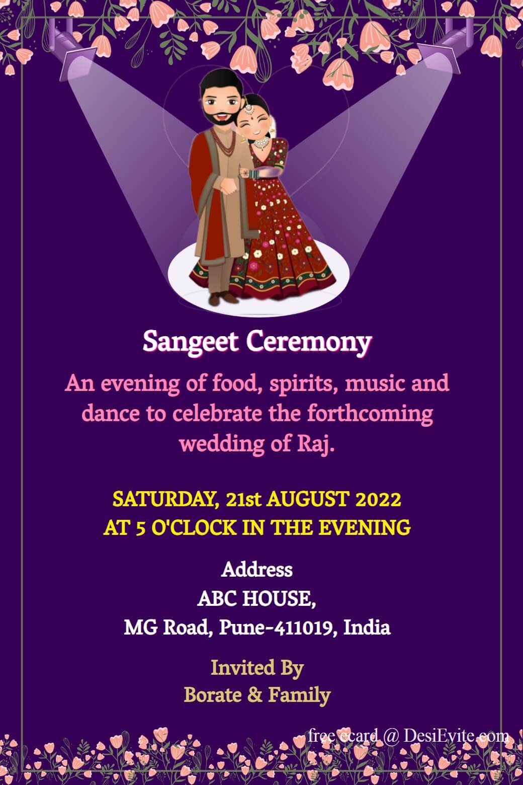 sangeet ceremony invitation card couple theme 57 