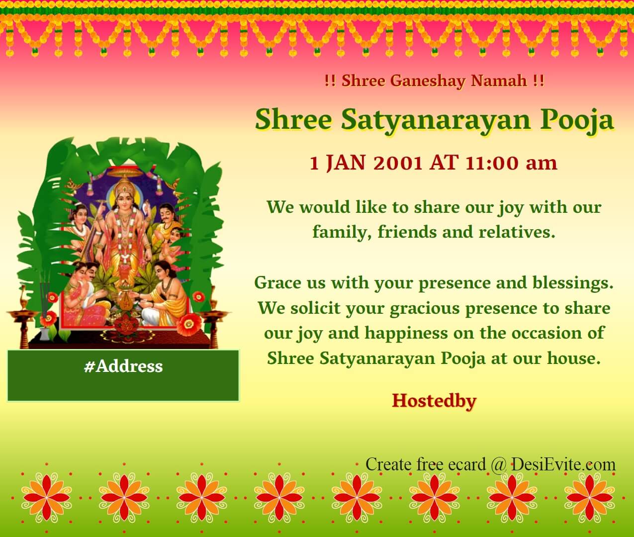 Invitation to Sri Satyanarayana Swamy Pooja