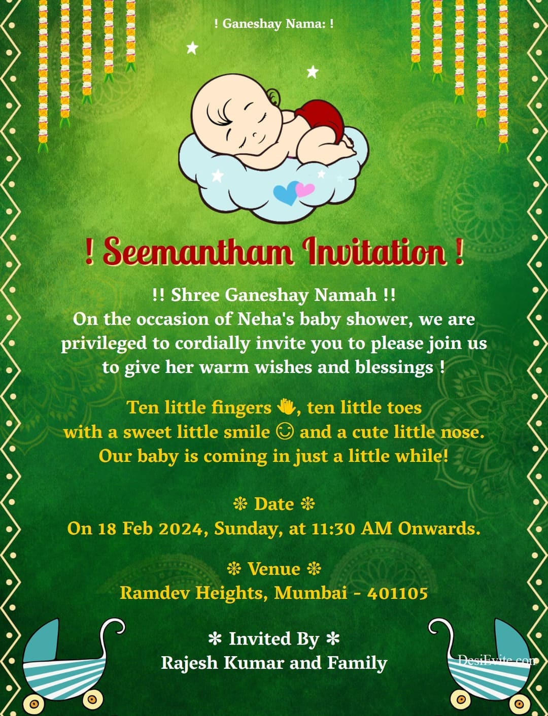 Traditional Seemantham Valaikappu invitation card