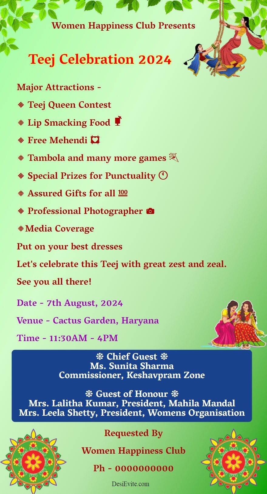 hariyali teej invitation card for womens club