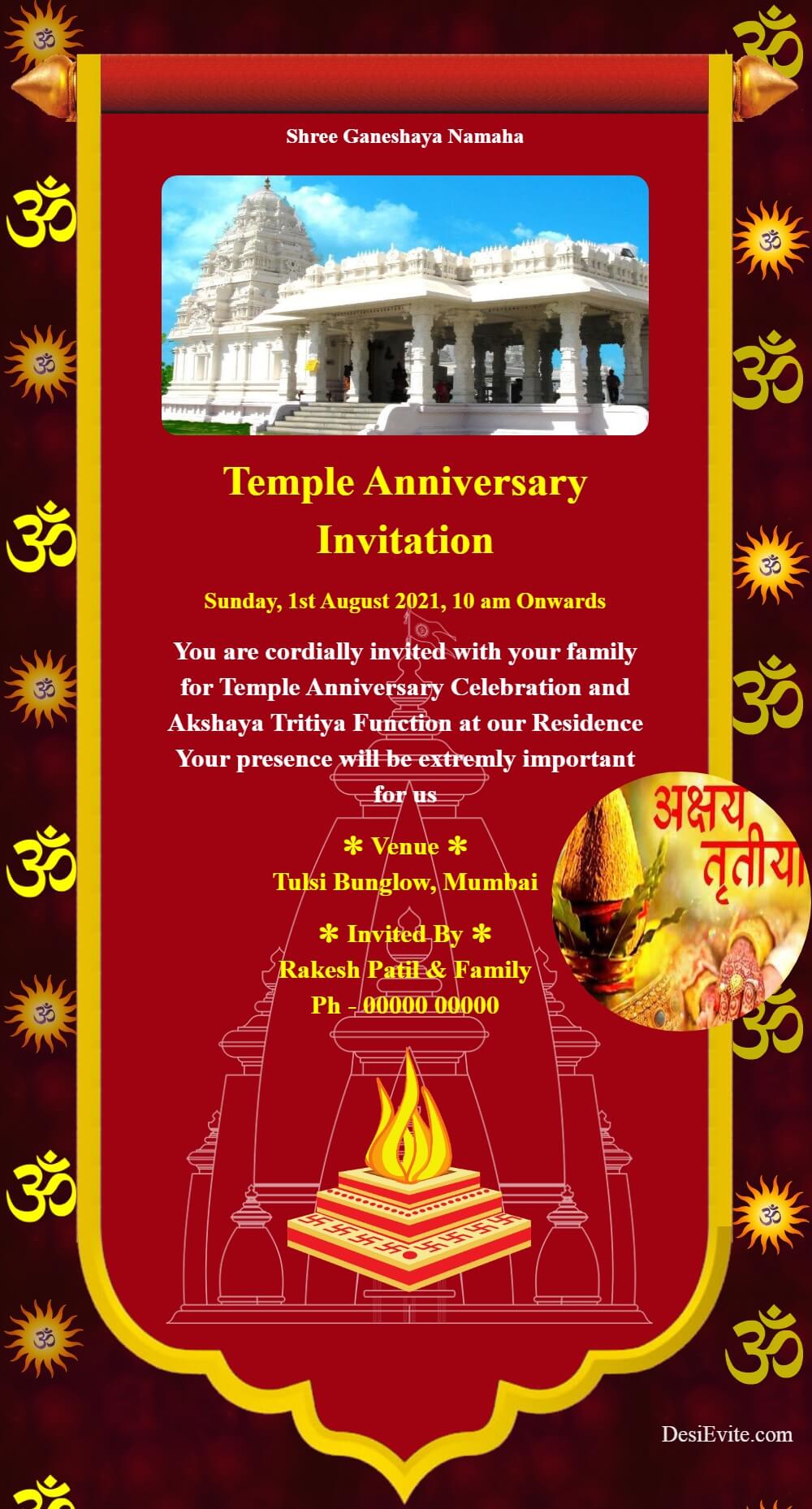 temple anniversary and puja card