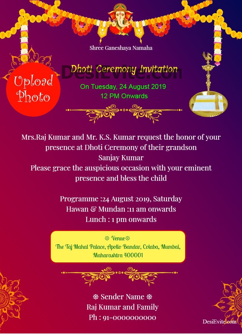 traditional dhot ceremony invitation card with photo