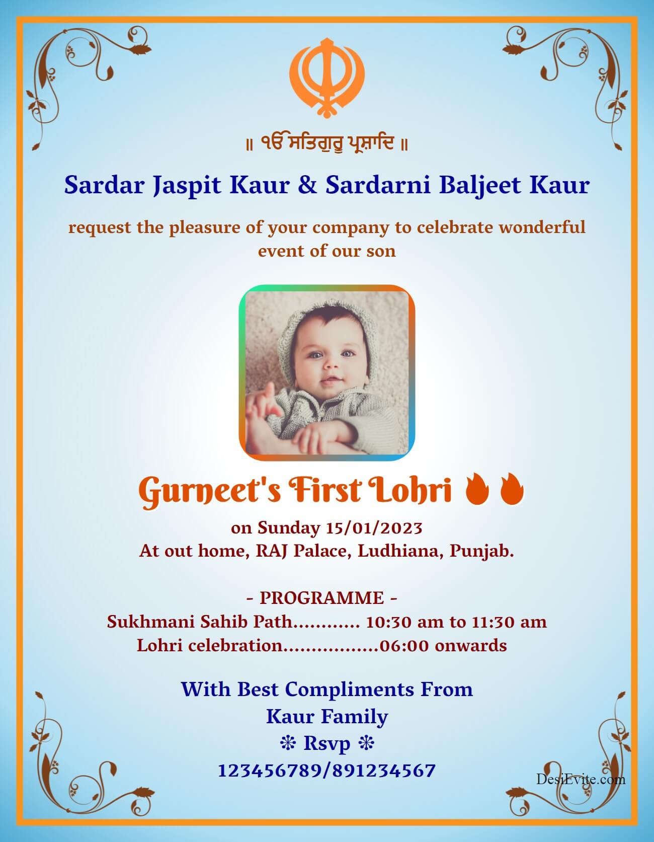 First lohri invitation card sikh religious theme.