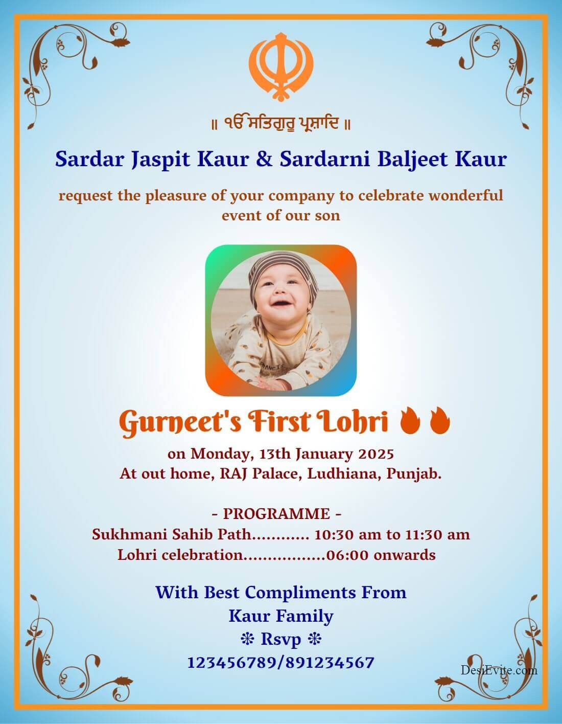 First lohri invitation card sikh religious theme.