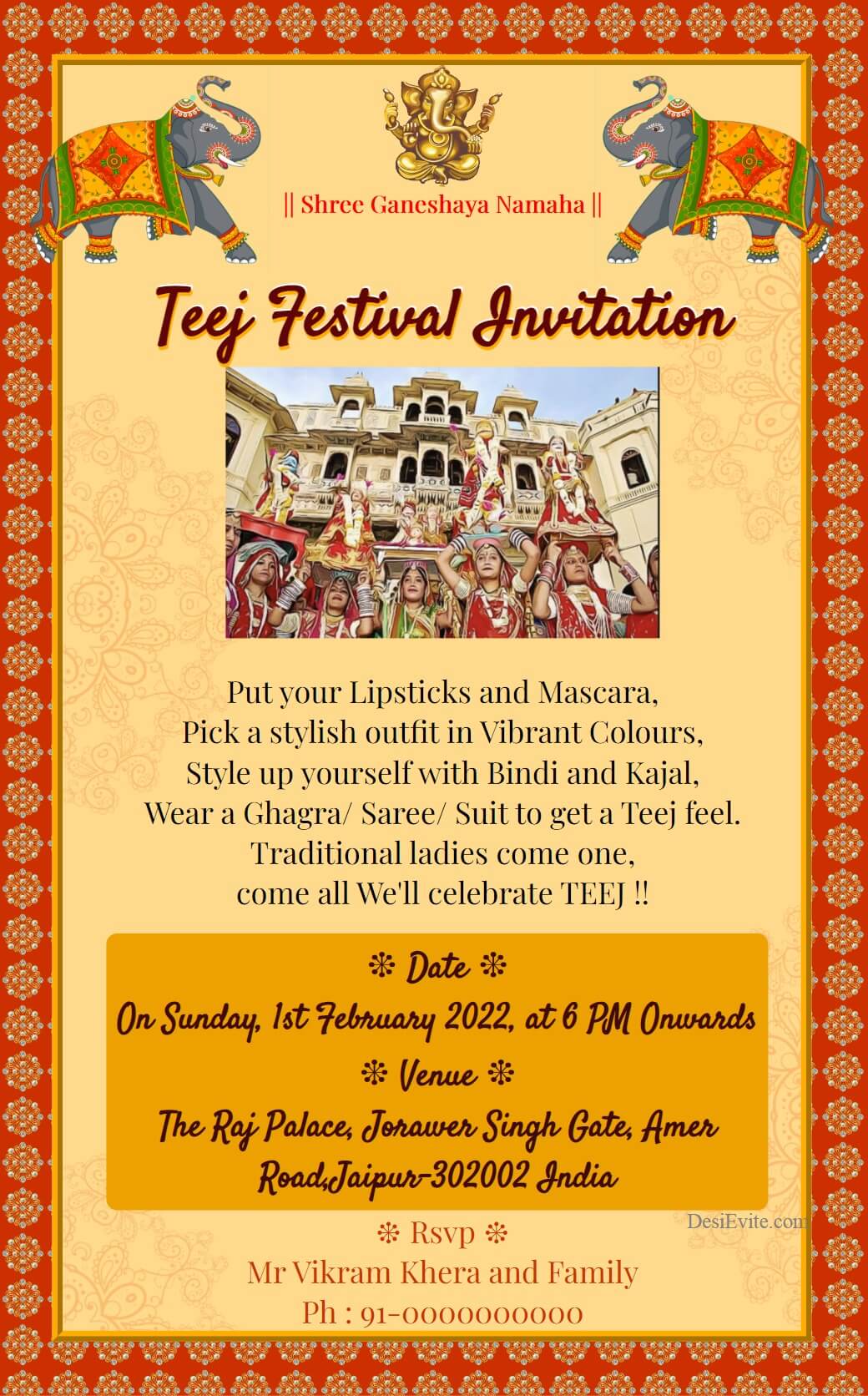 traditional rajasthan teej festival invitation ecard 118 