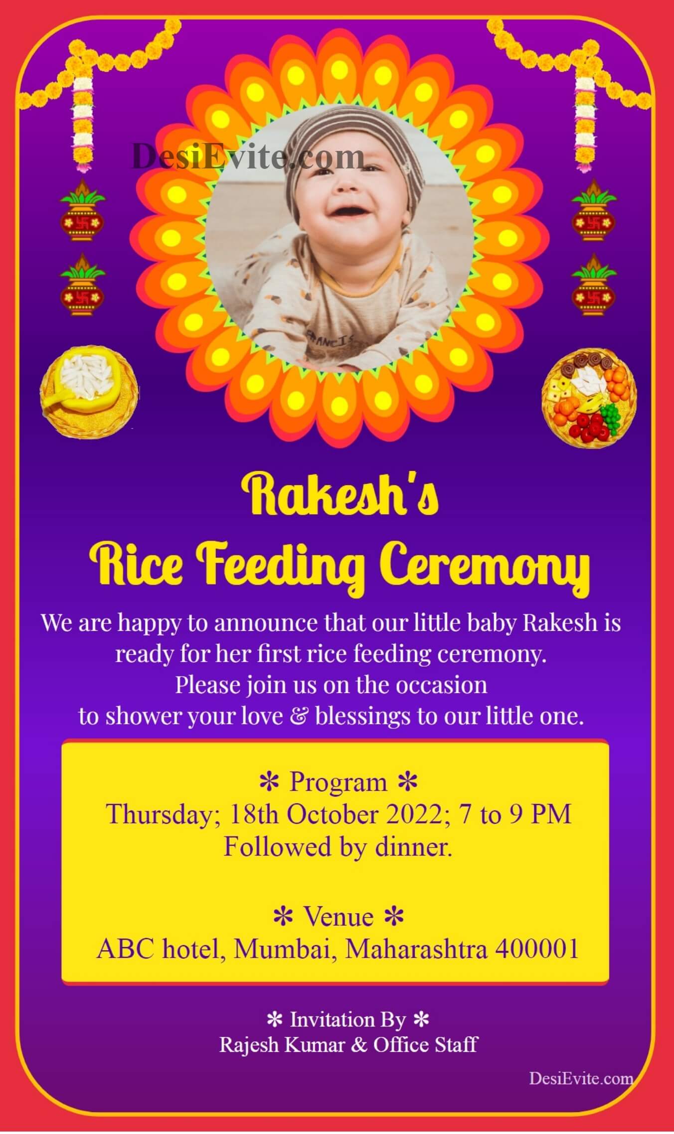 traditional rice feeding ceromany invitation card