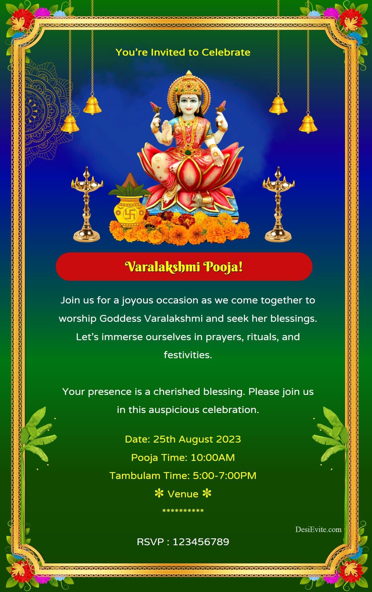 traditional varmahalakshmi invitation ecard golden border 122 