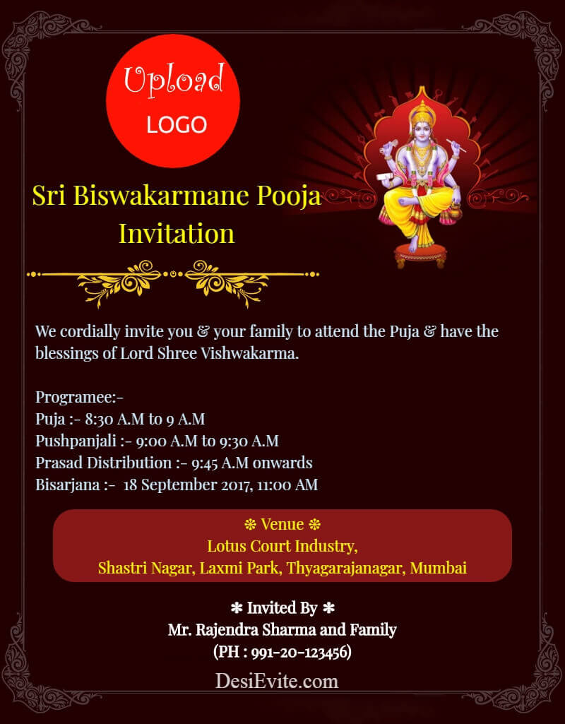 Vishwakarma Puja Invitation for firm/company with logo upload  