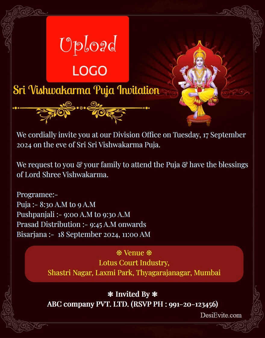 Vishwakarma Puja Invitation for firm/company with logo upload  