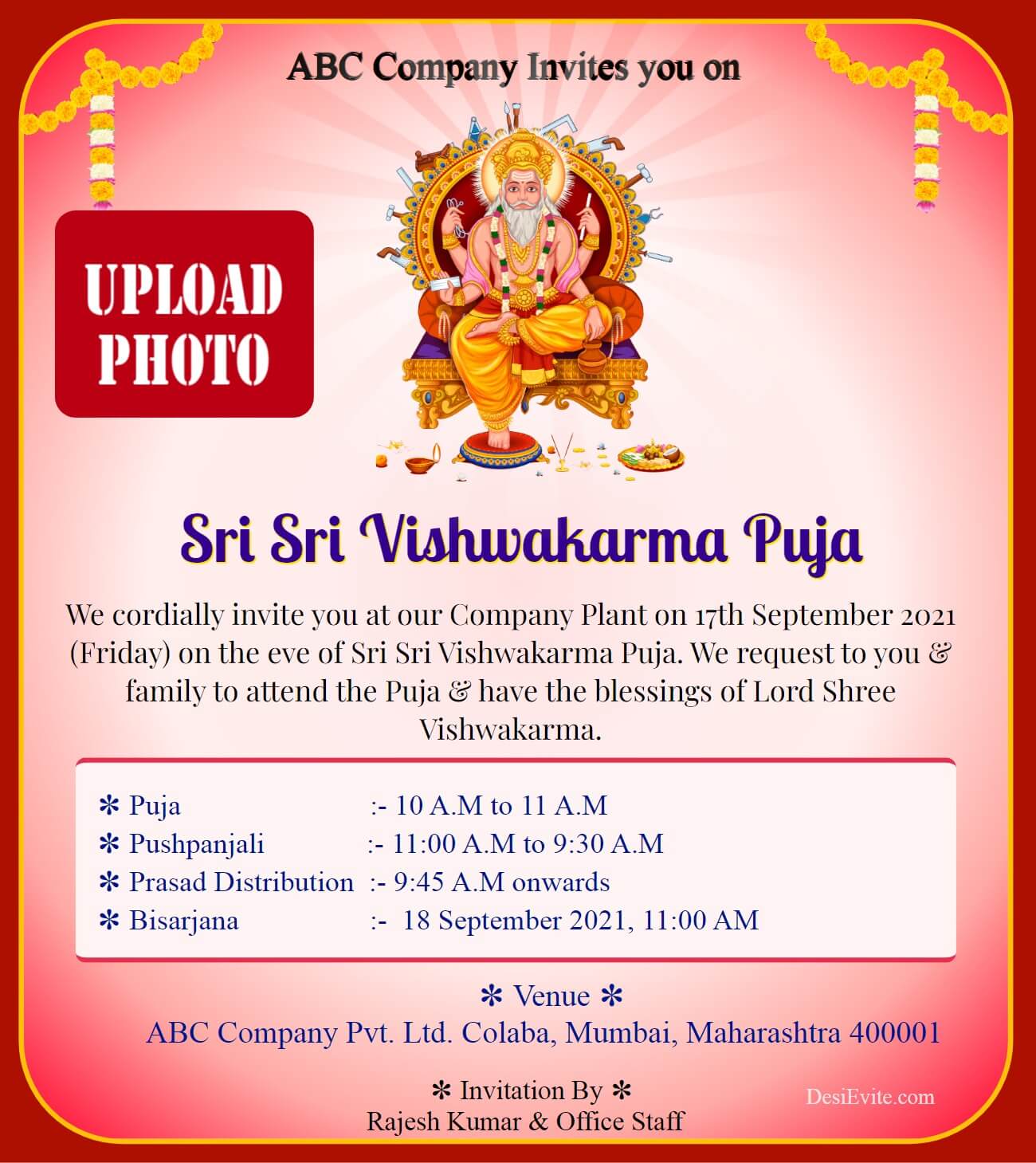Vishwakarma puja invitation card for company with logo