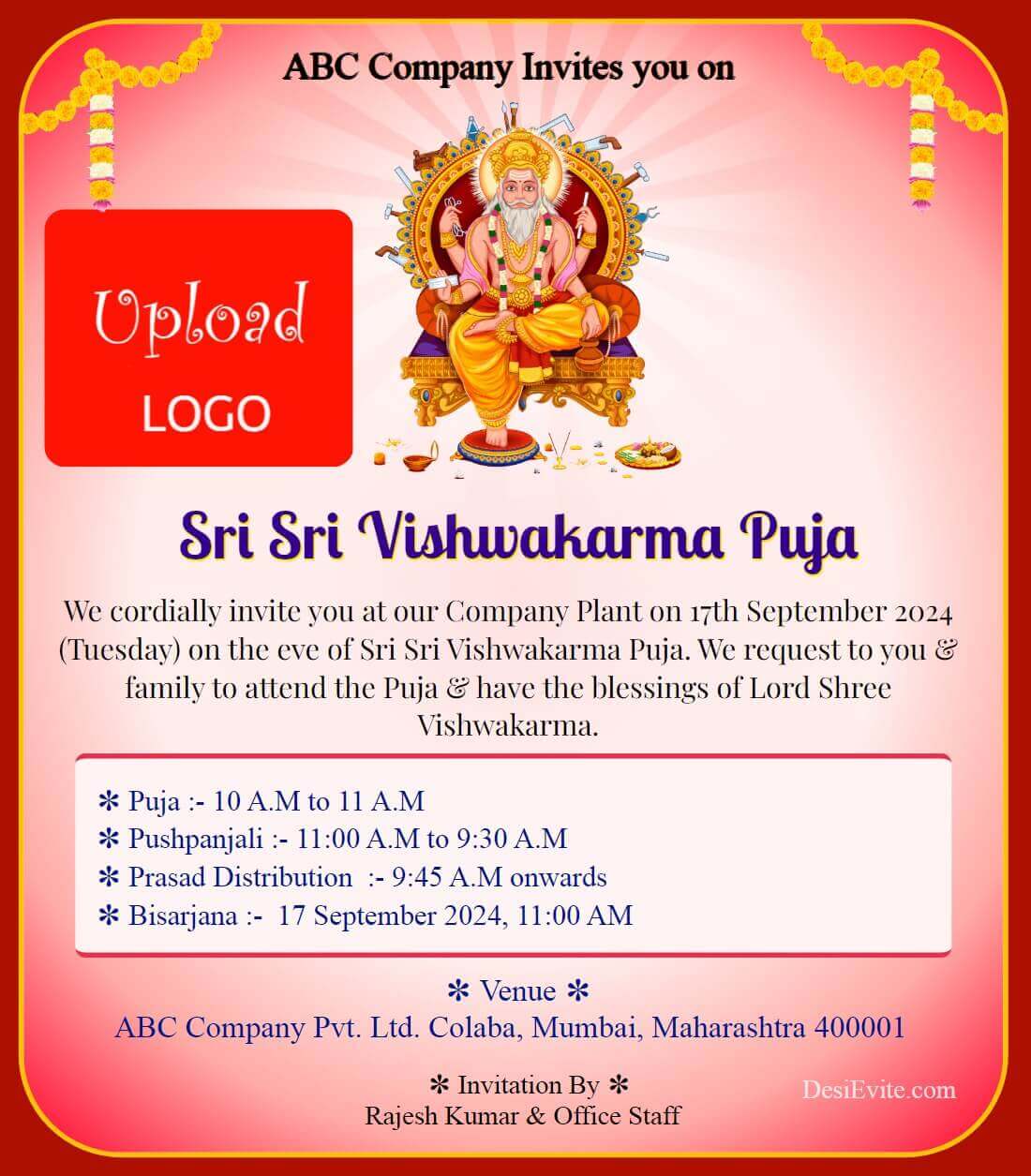 Vishwakarma puja invitation card for company with logo