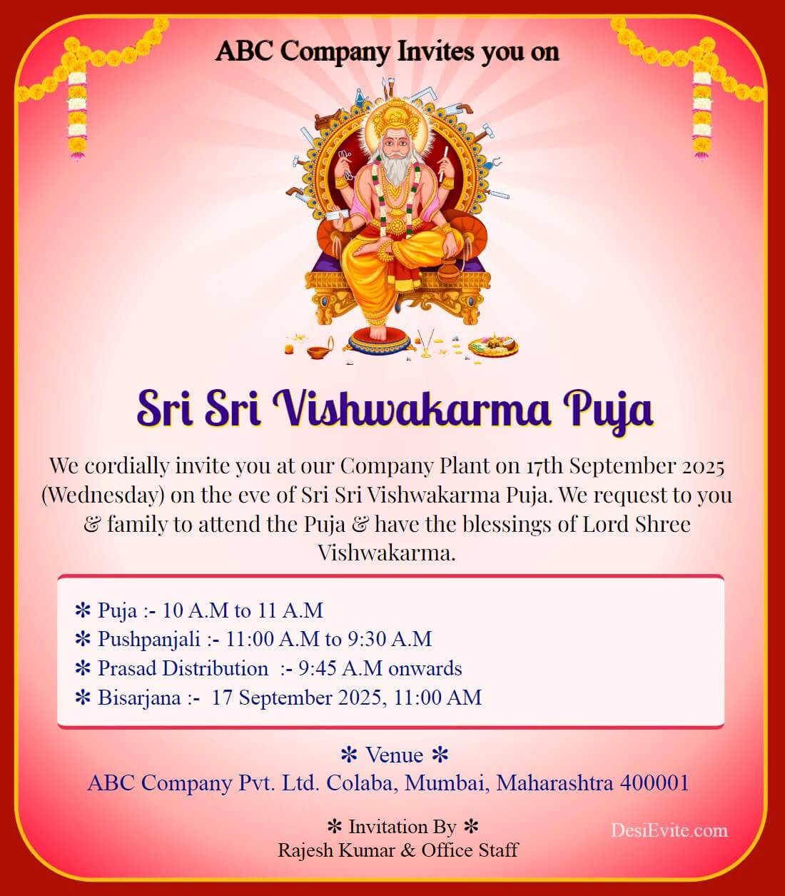 Vishwakarma puja invitation card for company with logo