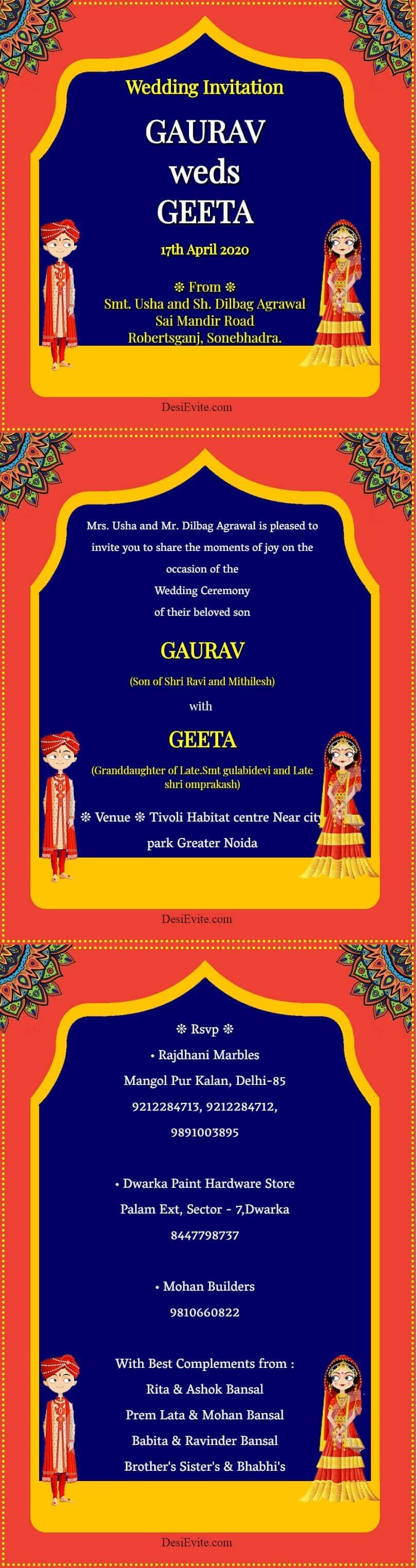 wedding invitation card with 3 pages