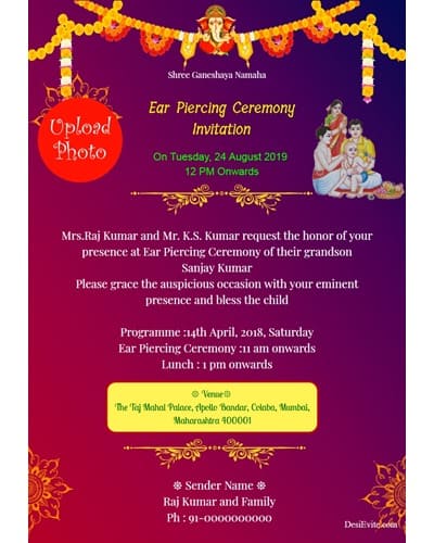 Free Ear Piercing Ceremony Invitation Card Online Invitations