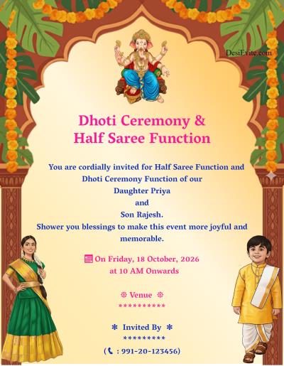 Half Saree and Dhoti Function invitation ecard template