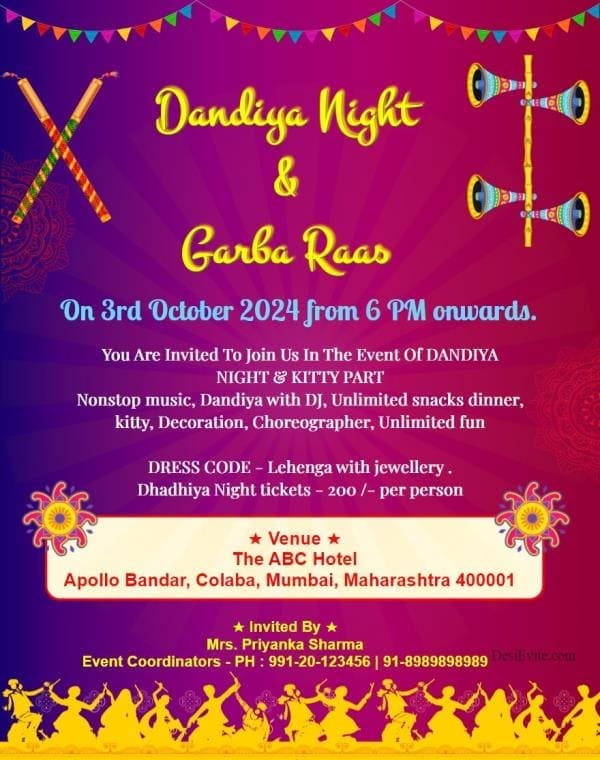 Dandiya night party invitation card