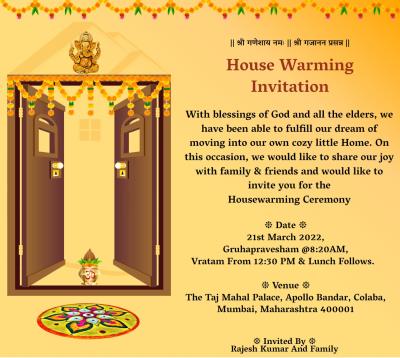 Hindu traditional griha pravesh invitation card with open door, toran, kalash, rangoli.