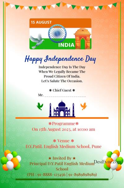 Independence day invitation card with pataka and balloons