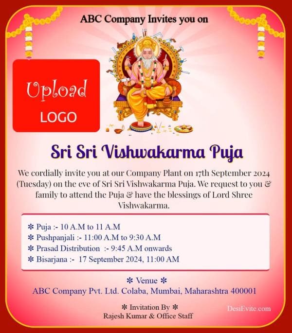 Vishwakarma puja invitation card for company with logo