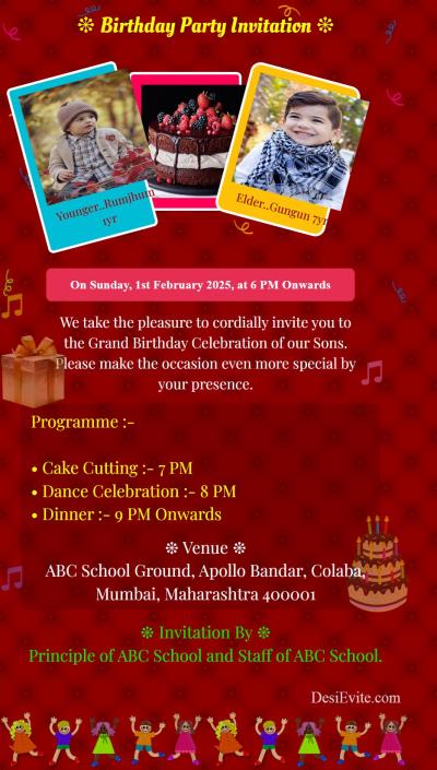 twins birthday invitation card