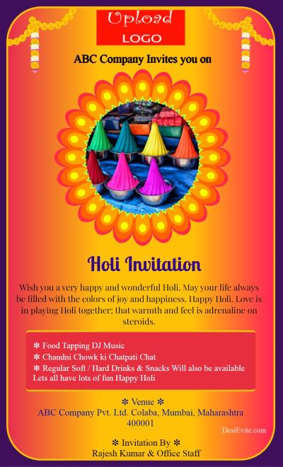 free Holi Festivals Invitation Card & Online Invitations